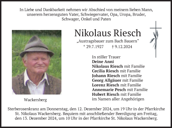 Traueranzeige von Nikolaus Riesch von merkurtz