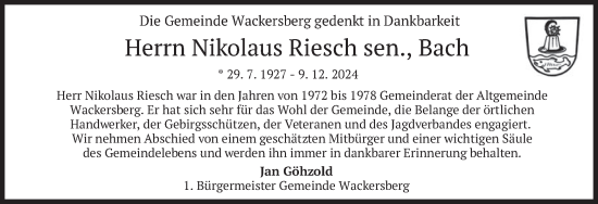 Traueranzeige von Nikolaus Riesch von merkurtz