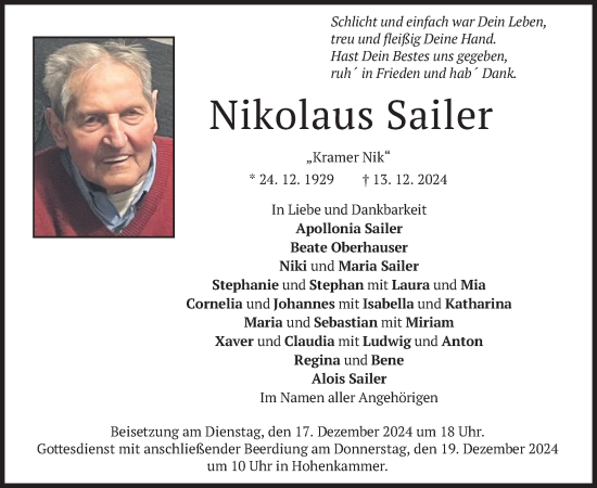 Traueranzeige von Nikolaus Sailer von merkurtz