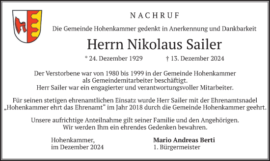 Traueranzeige von Nikolaus Sailer von merkurtz