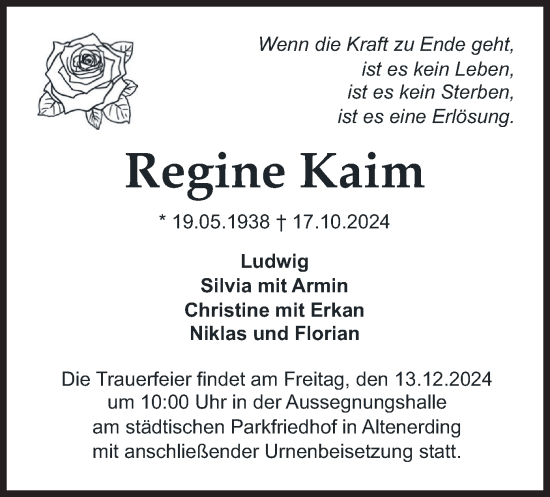 Traueranzeige von Regine Kaim von merkurtz