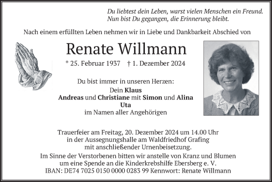 Traueranzeige von Renate Willmann von merkurtz