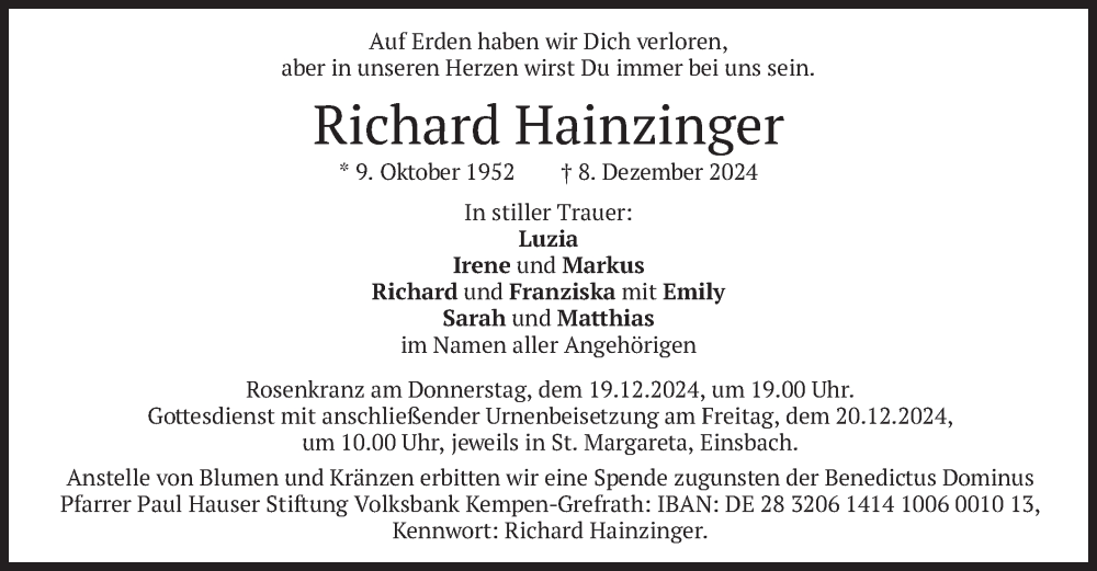  Traueranzeige für Richard Hainzinger vom 14.12.2024 aus merkurtz