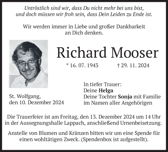 Traueranzeige von Richard Mooser von merkurtz