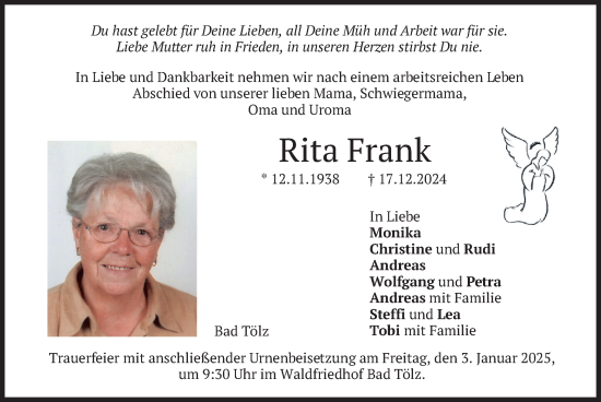 Traueranzeige von Rita Frank von merkurtz