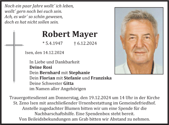 Traueranzeige von Robert Mayer von merkurtz