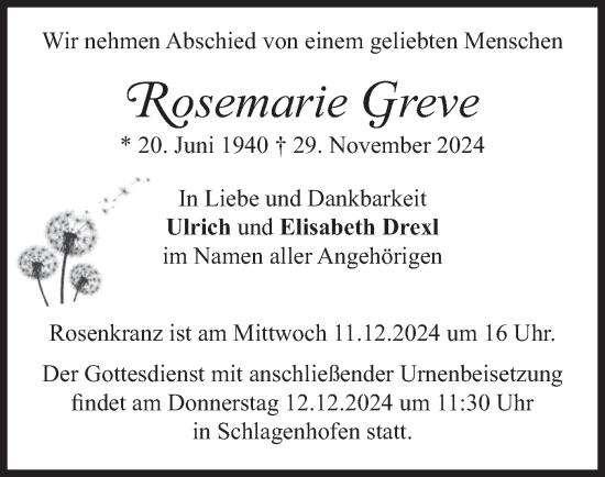 Traueranzeige von Rosemarie Greve von merkurtz