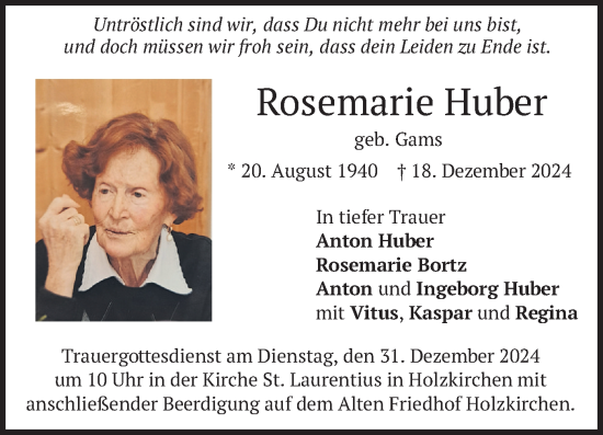 Traueranzeige von Rosemarie Huber von merkurtz