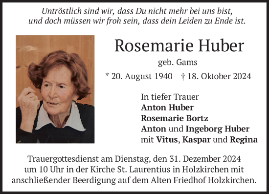 Traueranzeige von Rosemarie Huber von merkurtz