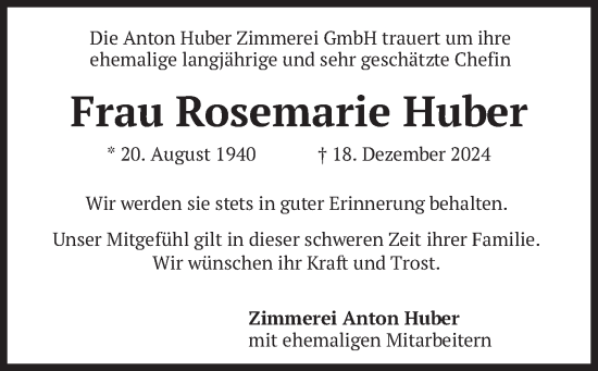 Traueranzeige von Rosemarie Huber von merkurtz