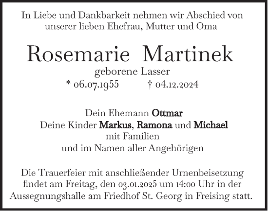 Traueranzeige von Rosemarie Martinek von merkurtz