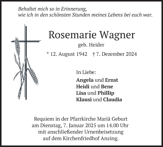 Traueranzeige von Rosemarie Wagner von merkurtz