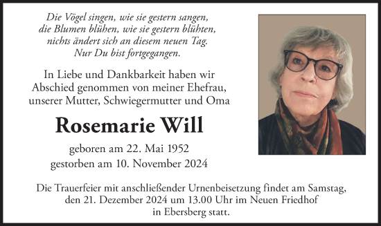 Traueranzeige von Rosemarie Will von merkurtz