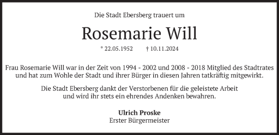 Traueranzeige von Rosemarie Will von merkurtz