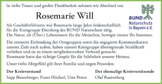 Traueranzeige von Rosemarie Will von merkurtz