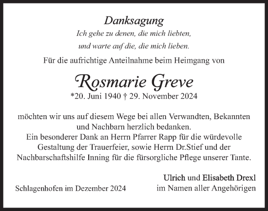 Traueranzeige von Rosmarie Greve von merkurtz