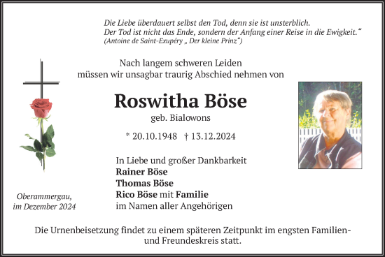 Traueranzeige von Roswitha Böse von merkurtz