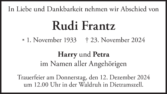 Traueranzeige von Rudi Frantz von merkurtz