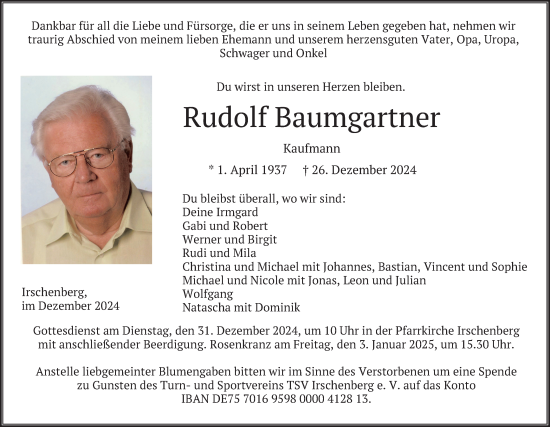 Traueranzeige von Rudolf Baumgartner von merkurtz