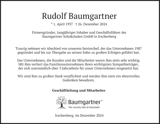 Traueranzeige von Rudolf Baumgartner von merkurtz