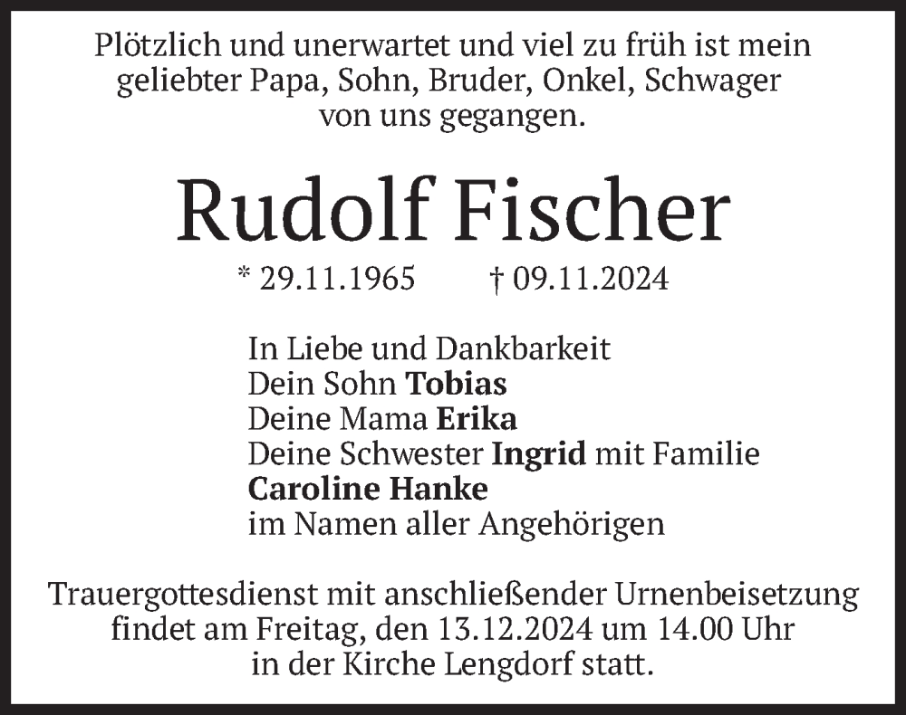  Traueranzeige für Rudolf Fischer vom 07.12.2024 aus merkurtz