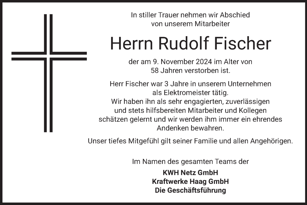  Traueranzeige für Rudolf Fischer vom 11.12.2024 aus merkurtz