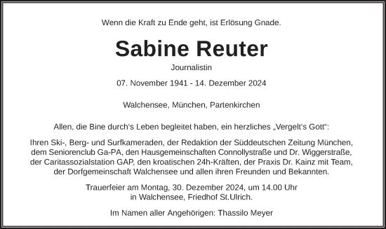 Traueranzeige von Sabine Reuter von merkurtz