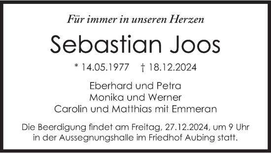 Traueranzeige von Sebastian Joos von merkurtz