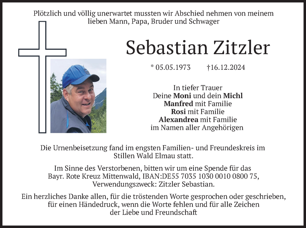  Traueranzeige für Sebastian Zitzler vom 28.12.2024 aus merkurtz