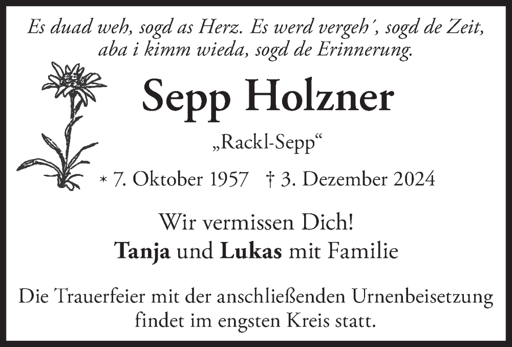  Traueranzeige für Sepp Holzner vom 07.12.2024 aus merkurtz