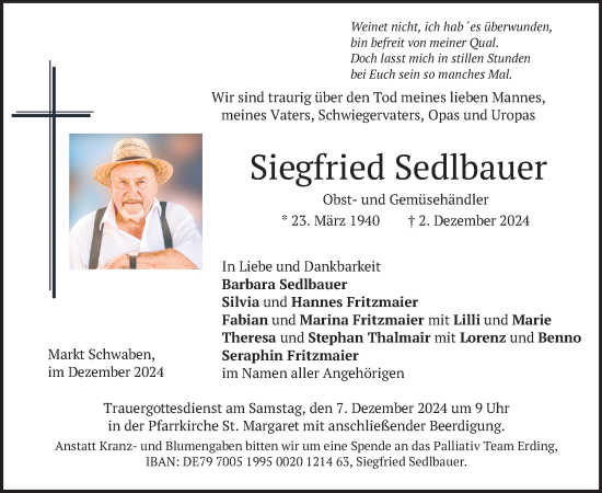 Traueranzeige von Siegfried Sedlbauer von merkurtz