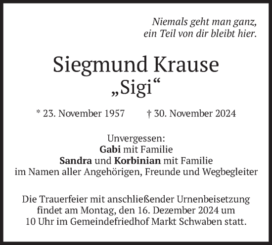 Traueranzeige von Siegmund Krause von merkurtz