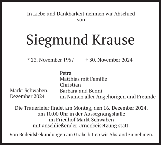 Traueranzeige von Siegmund Krause von merkurtz