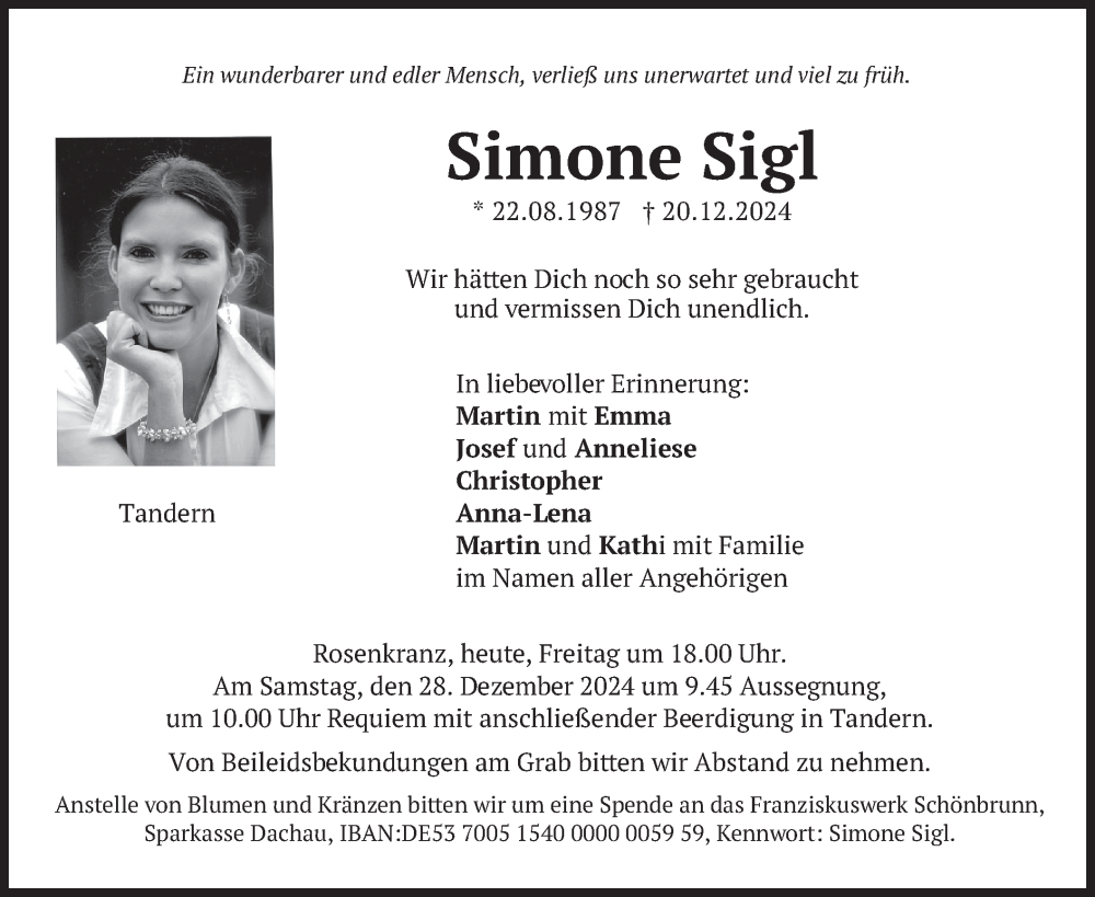  Traueranzeige für Simone Sigl vom 27.12.2024 aus merkurtz