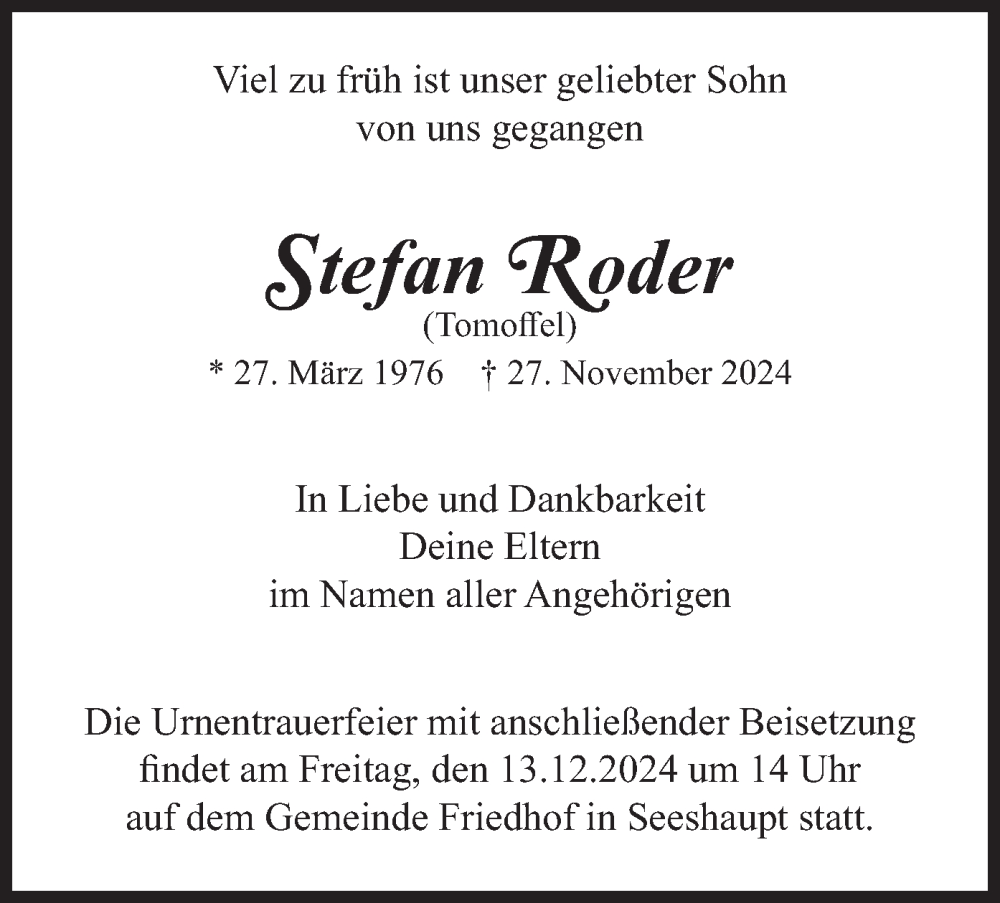  Traueranzeige für Stefan Roder vom 07.12.2024 aus merkurtz