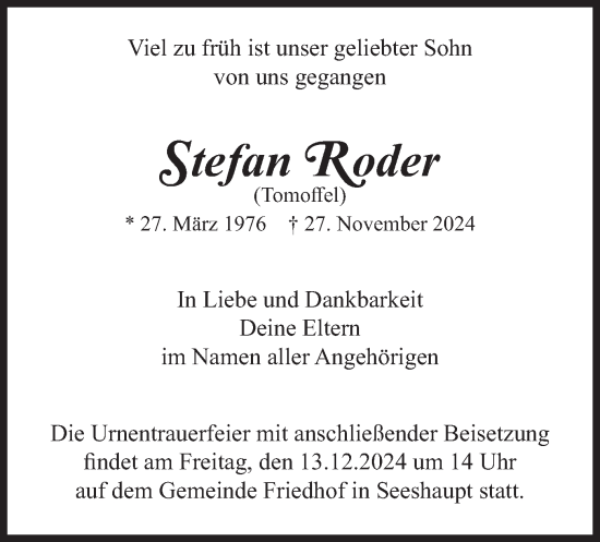 Traueranzeige von Stefan Roder von merkurtz