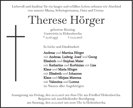 Traueranzeige von Therese Hörger von merkurtz