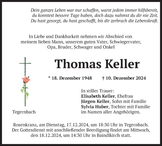 Traueranzeige von Thomas Keller von merkurtz