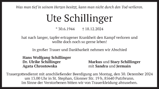 Traueranzeige von Ute Schillinger von merkurtz