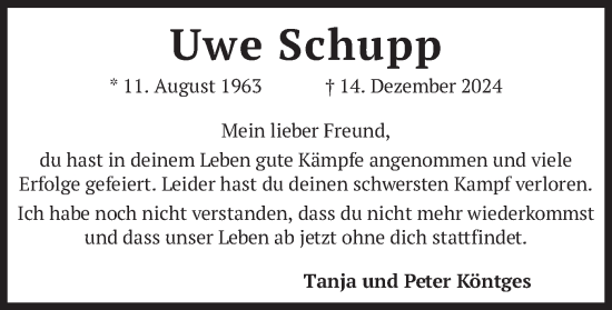 Traueranzeige von Uwe Schupp von merkurtz