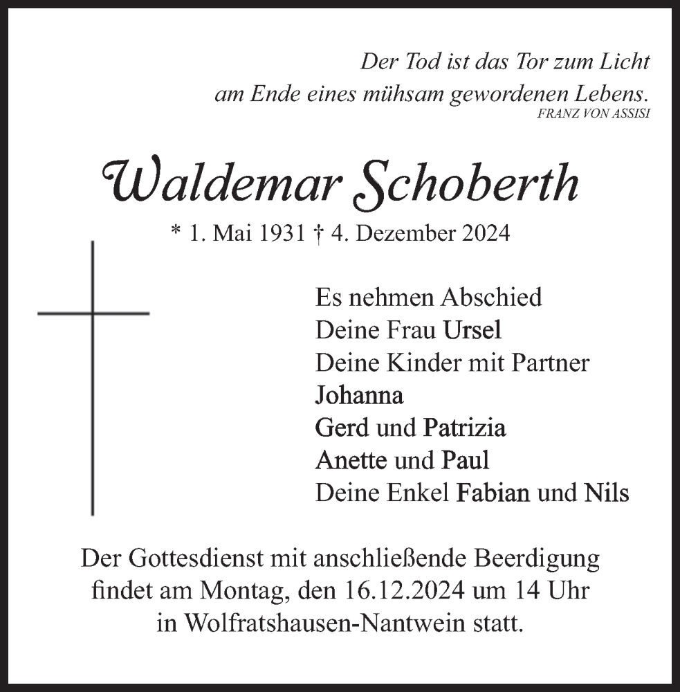  Traueranzeige für Waldemar Schoberth vom 14.12.2024 aus merkurtz