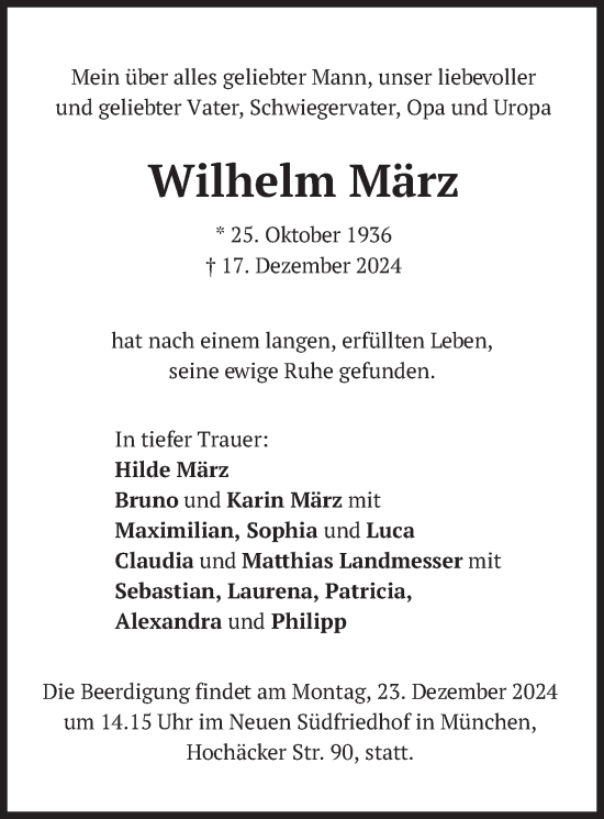 Traueranzeige von Wilhelm März von merkurtz