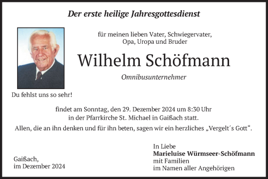 Traueranzeige von Wilhelm Schöfmann von merkurtz