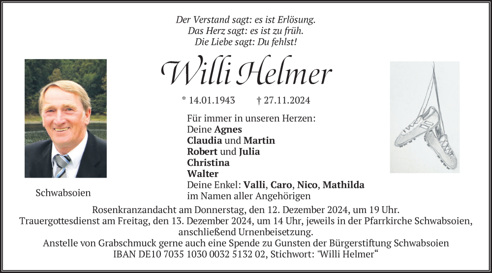  Traueranzeige für Willi Helmer vom 06.12.2024 aus merkurtz