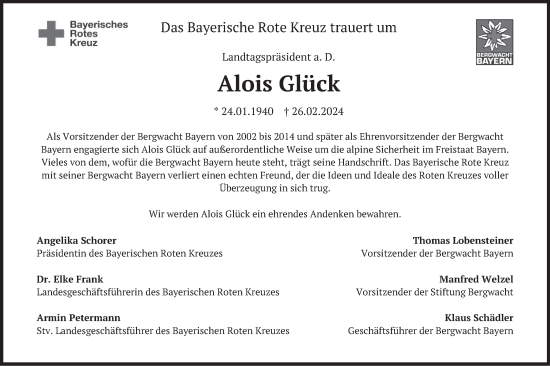 Traueranzeige von Alois Glück von merkurtz