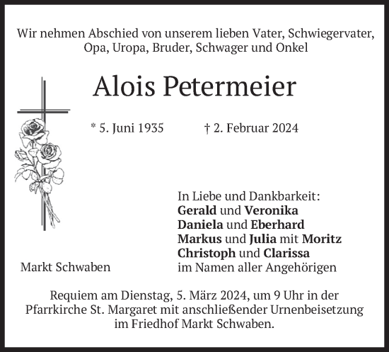 Traueranzeige von Alois Petermeier von merkurtz