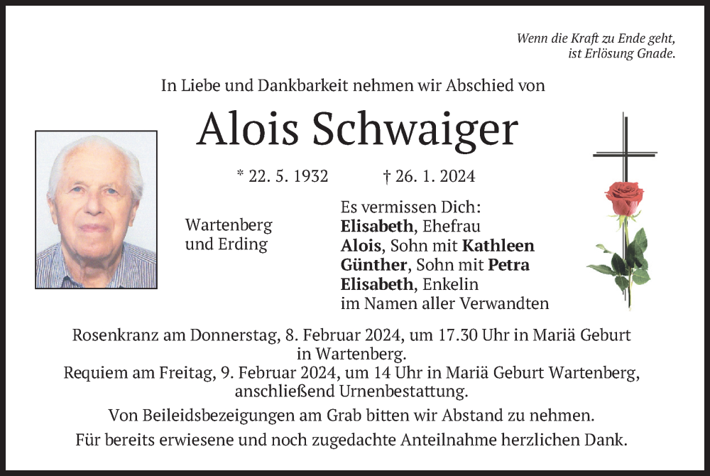  Traueranzeige für Alois Schwaiger vom 06.02.2024 aus merkurtz