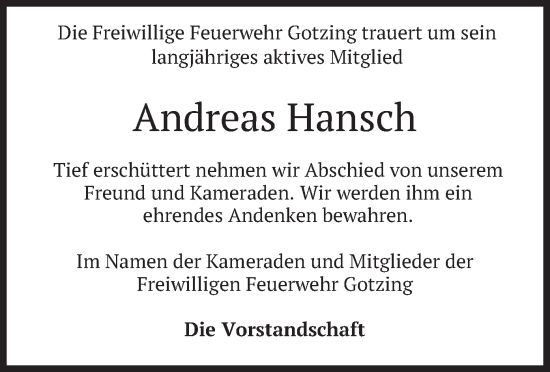 Traueranzeige von Andreas Hansch von merkurtz