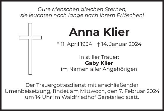 Traueranzeige von Anna Klier von merkurtz