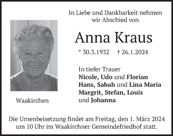 Traueranzeige von Anna Kraus von merkurtz
